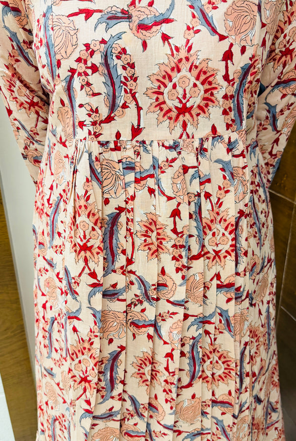 Peach Bagru Block Printed Pleated A-Line Kurta