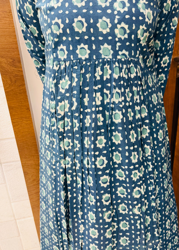 Teal Dabu Pleated A-Line Kurta