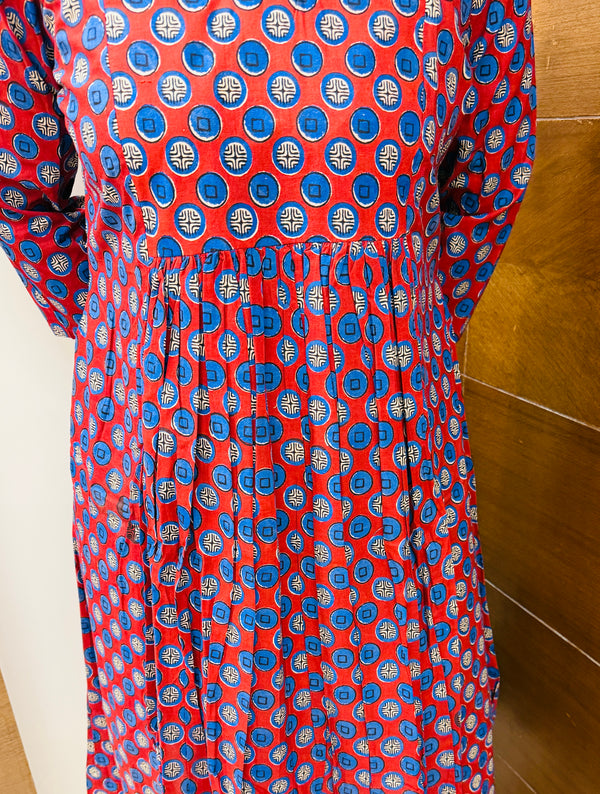 Maroon & Blue Bagru Block Printed Pleated A-Line Kurta