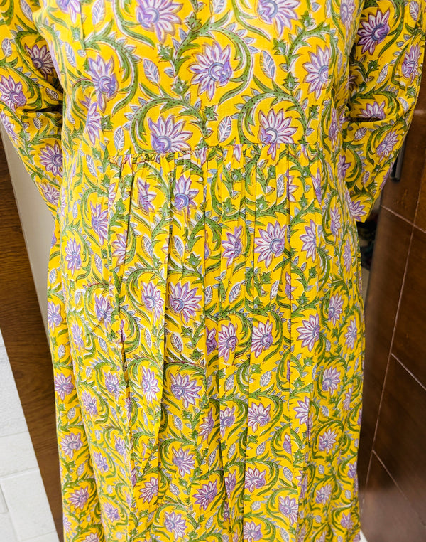 Yellow Bagru Block Printed A-Line Kurta