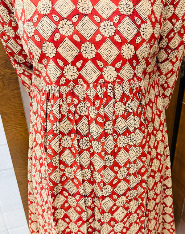 Red Bagru Block Printed Pleated A-Line Kurta