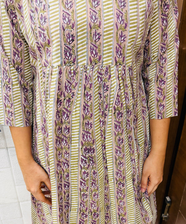 Grey & White Block Printed A-Line Kurta