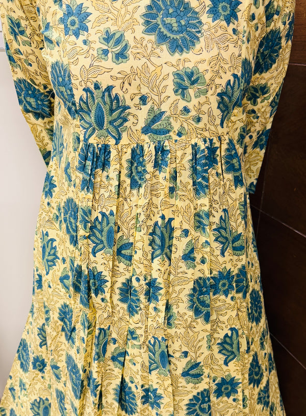 Lime Bagru Block Printed Pleated A-Line Kurta