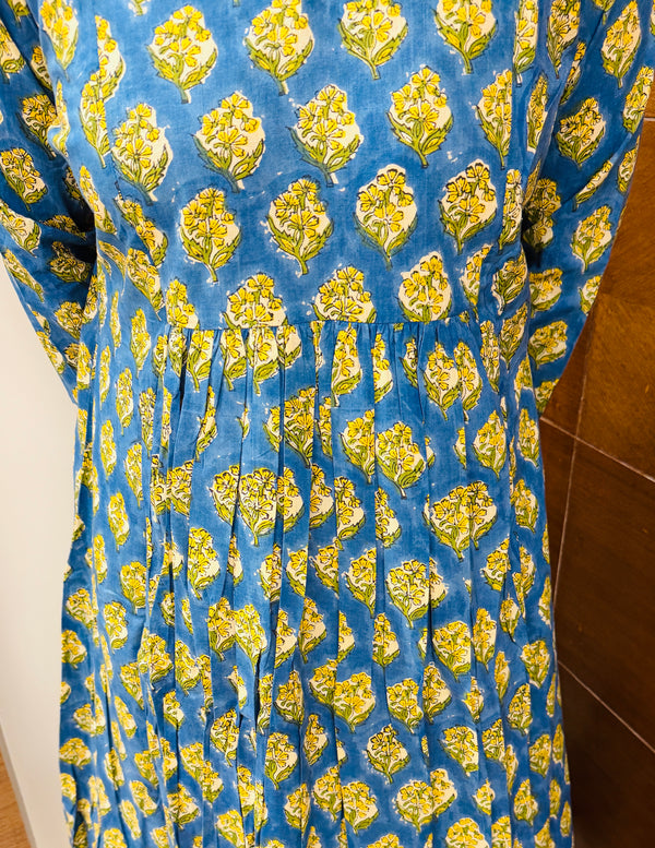 Teal Bagru Block Printed Pleated A-Line Kurta