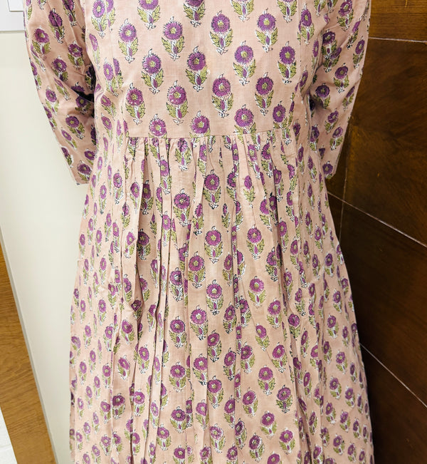 Plum Bagru Block Printed Pleated A-Line Kurta