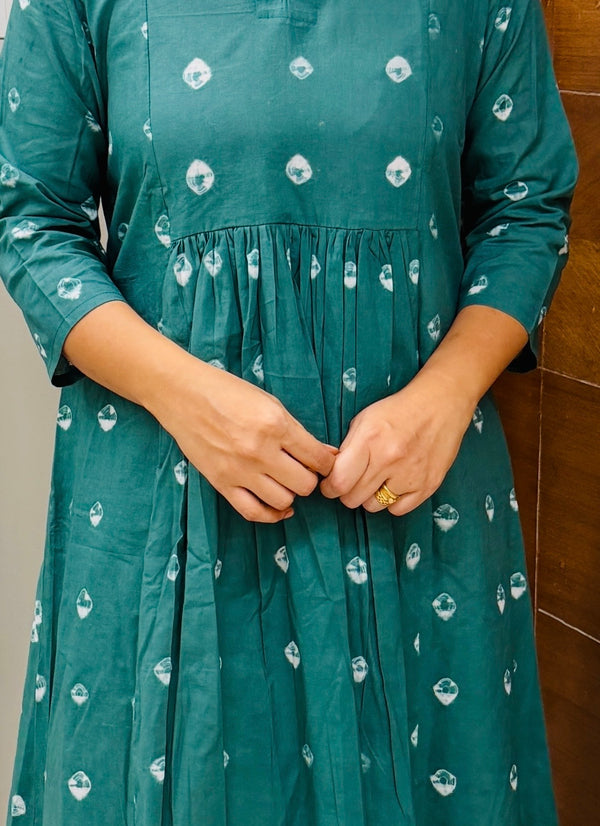 Green Bandhani Pleated A-Line Kurta