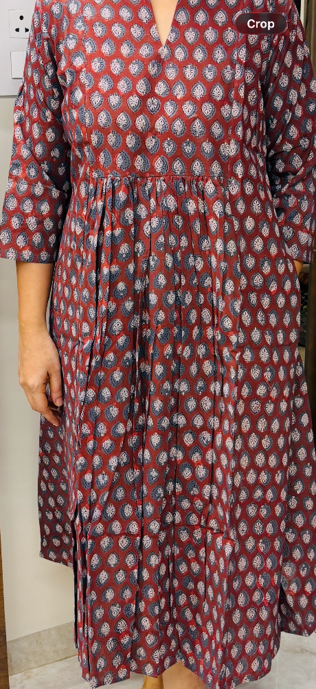 Maroon Ajrakh Block Printed Pleated A-Line Kurta