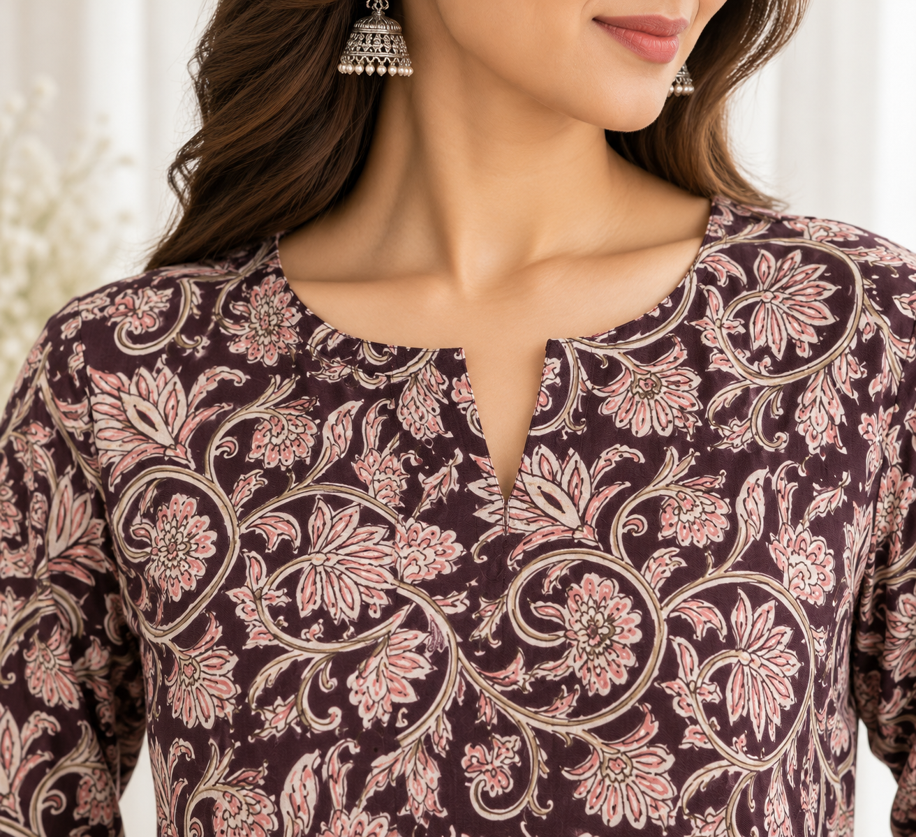 Deep Plum Floral Jaal HandBlock Printed A-Line Cotton Kurta