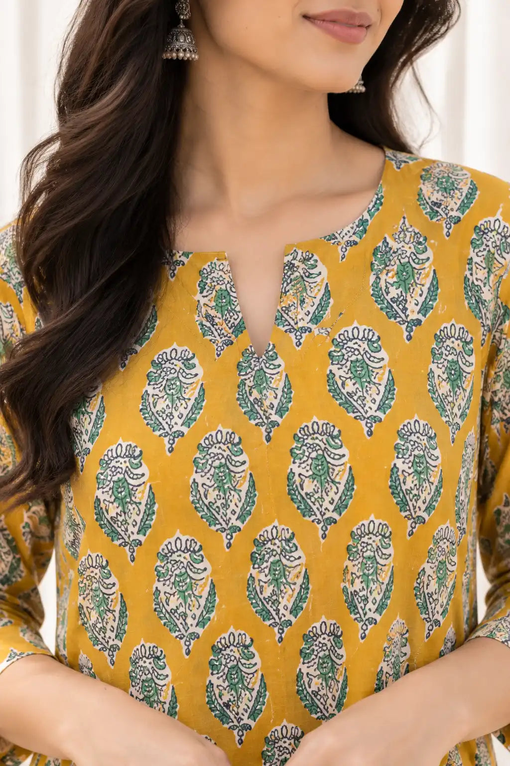 Mustard Green Floral Paisley Handblock Printed Cotton A-line Kurta