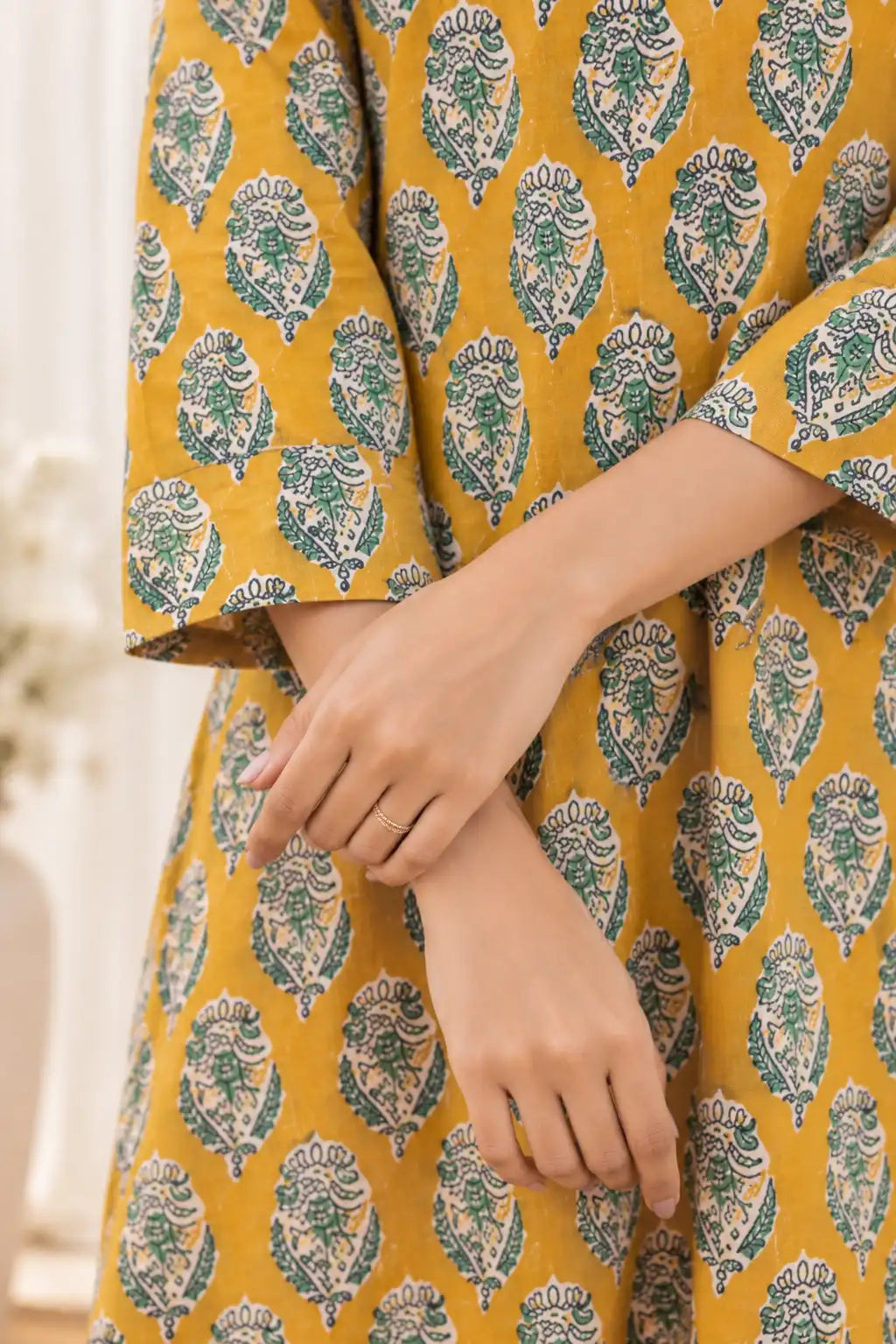 Mustard Green Floral Paisley Handblock Printed Cotton A-line Kurta