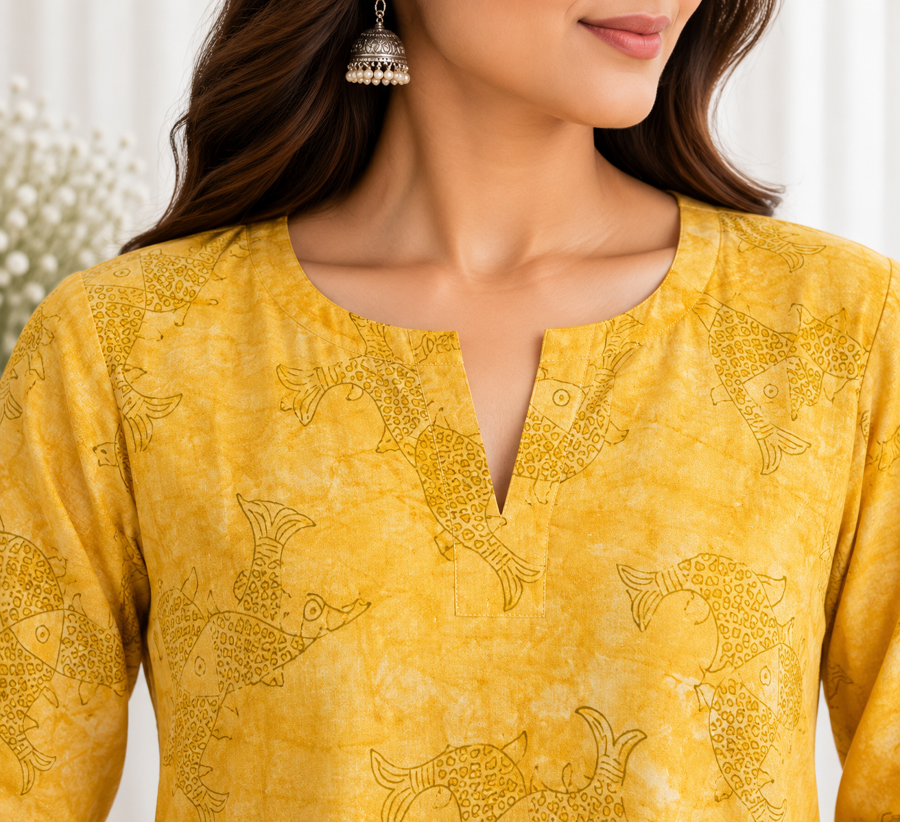 Matsya Mustard Fish HandBlock Printed A-Line Cotton Kurta