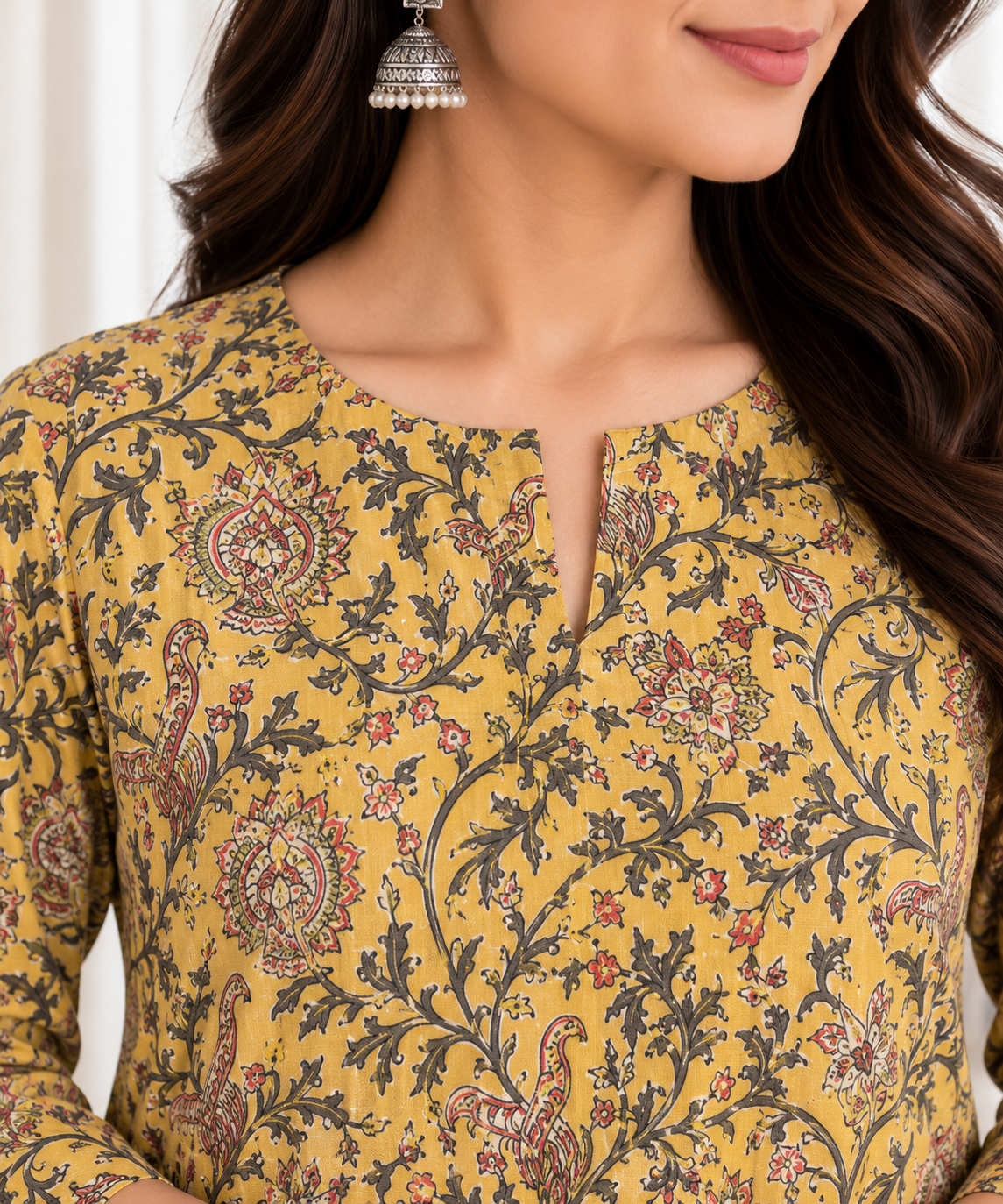 Mustard Jaal HandBlock Printed A-Line Cotton Kurta