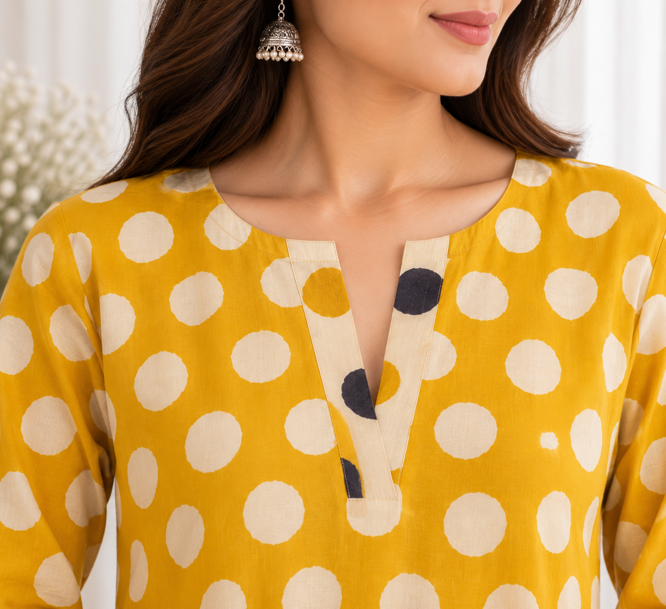 Mustard Yellow Polka Dot HandBlock Printed A-Line Cotton Kurta