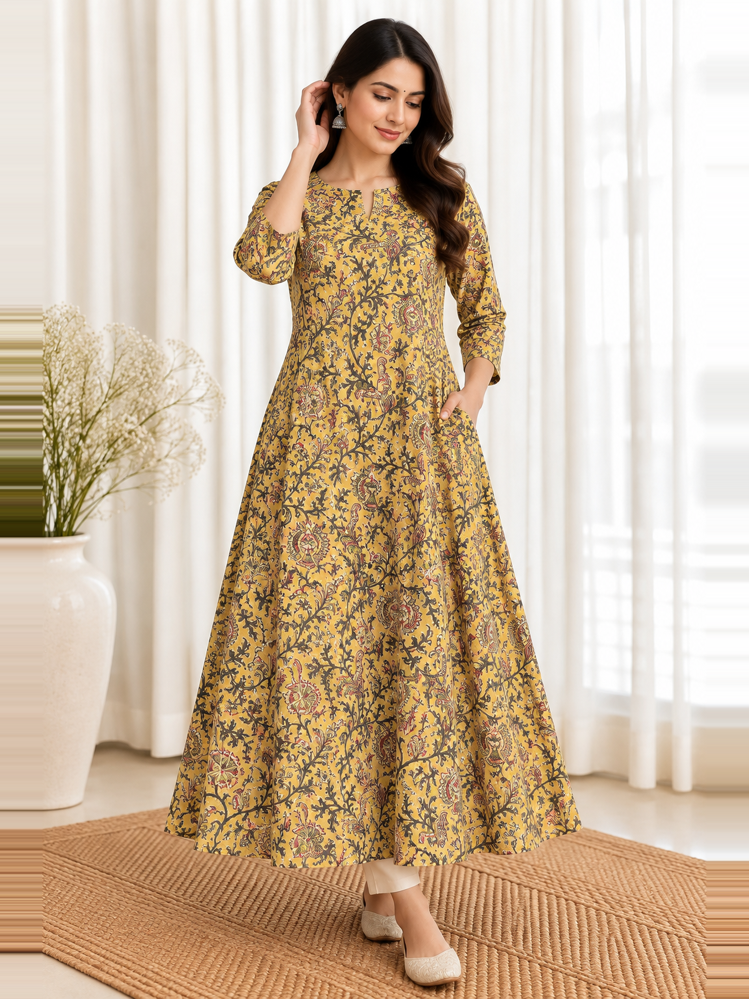 Mustard Jaal HandBlock Printed A-Line Cotton Kurta