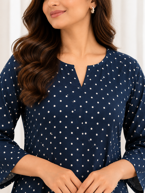 Midnight Black Polka Dot HandBlock Printed A-Line Cotton Kurta