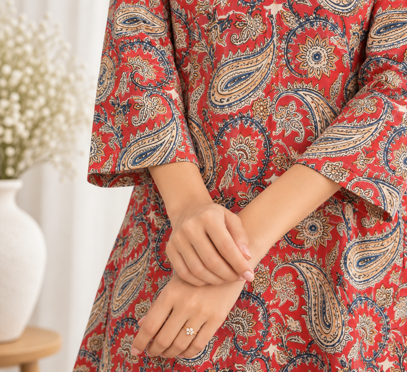 Ruby Red Paisley HandBlock Printed A-Line Cotton Kurta
