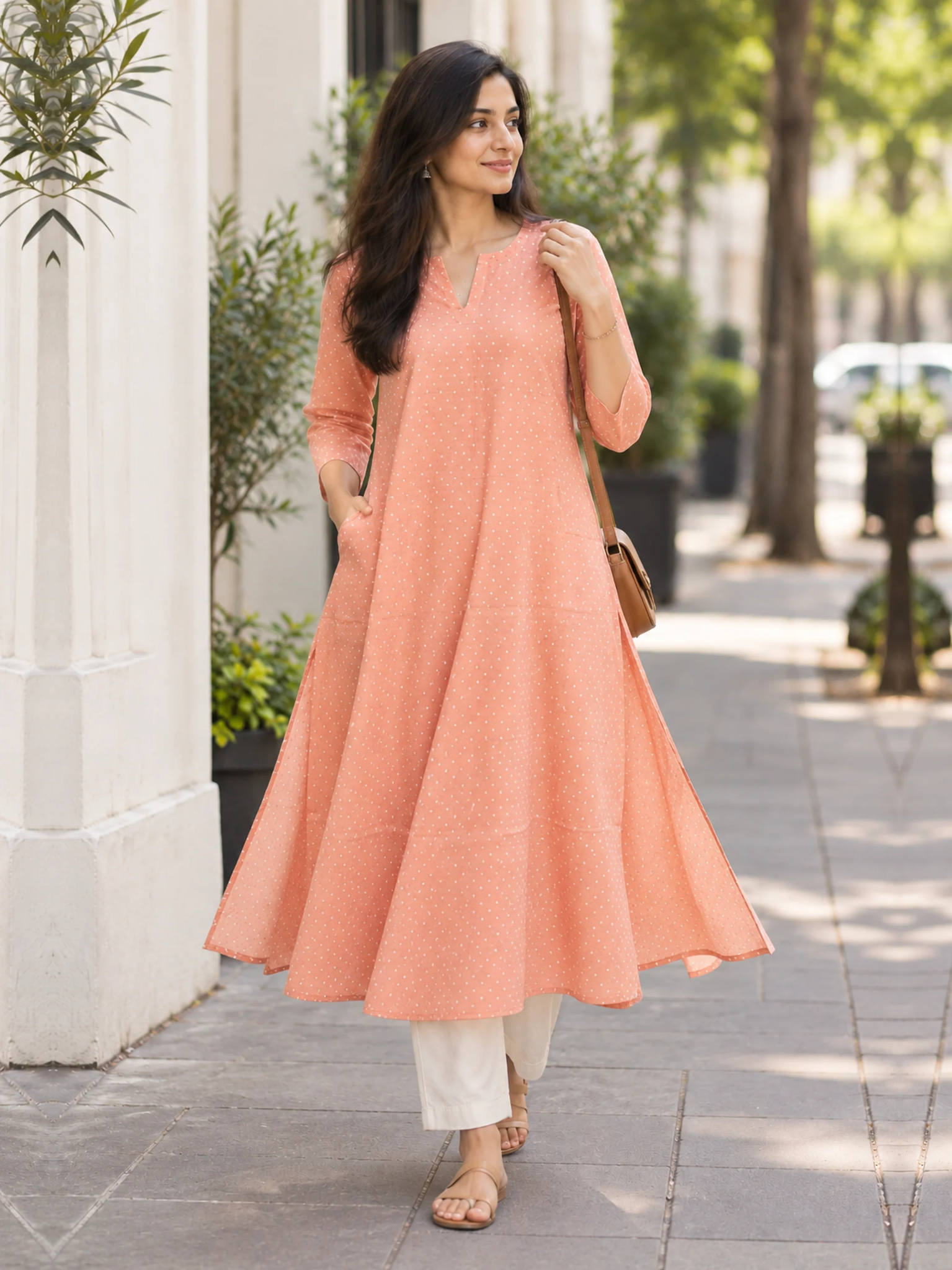 Peach Blush Polka Dot HandBlock Printed A-Line Cotton Kurta