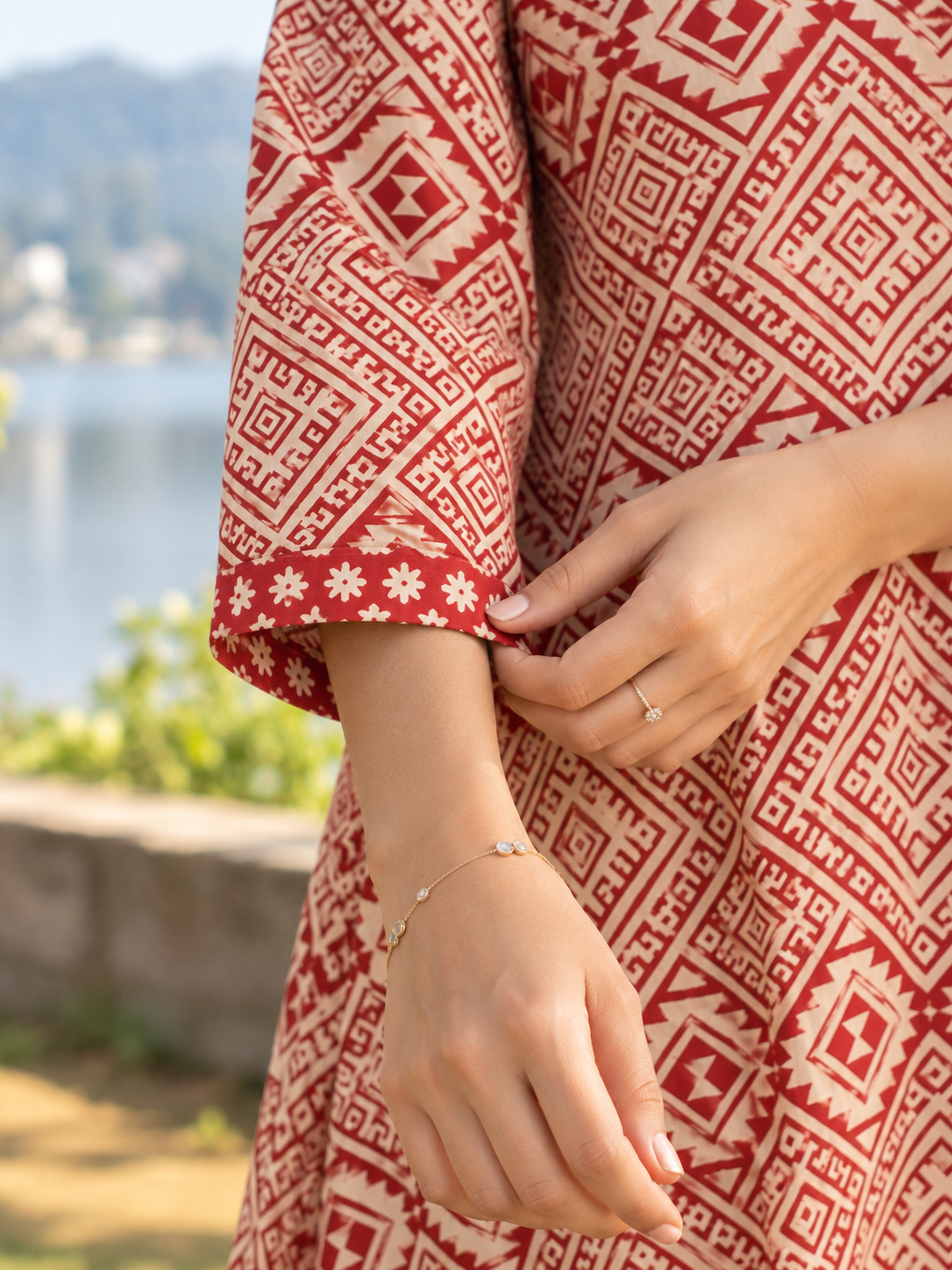 Red Geometric Jaal HandBlock Printed A-Line Cotton Kurta