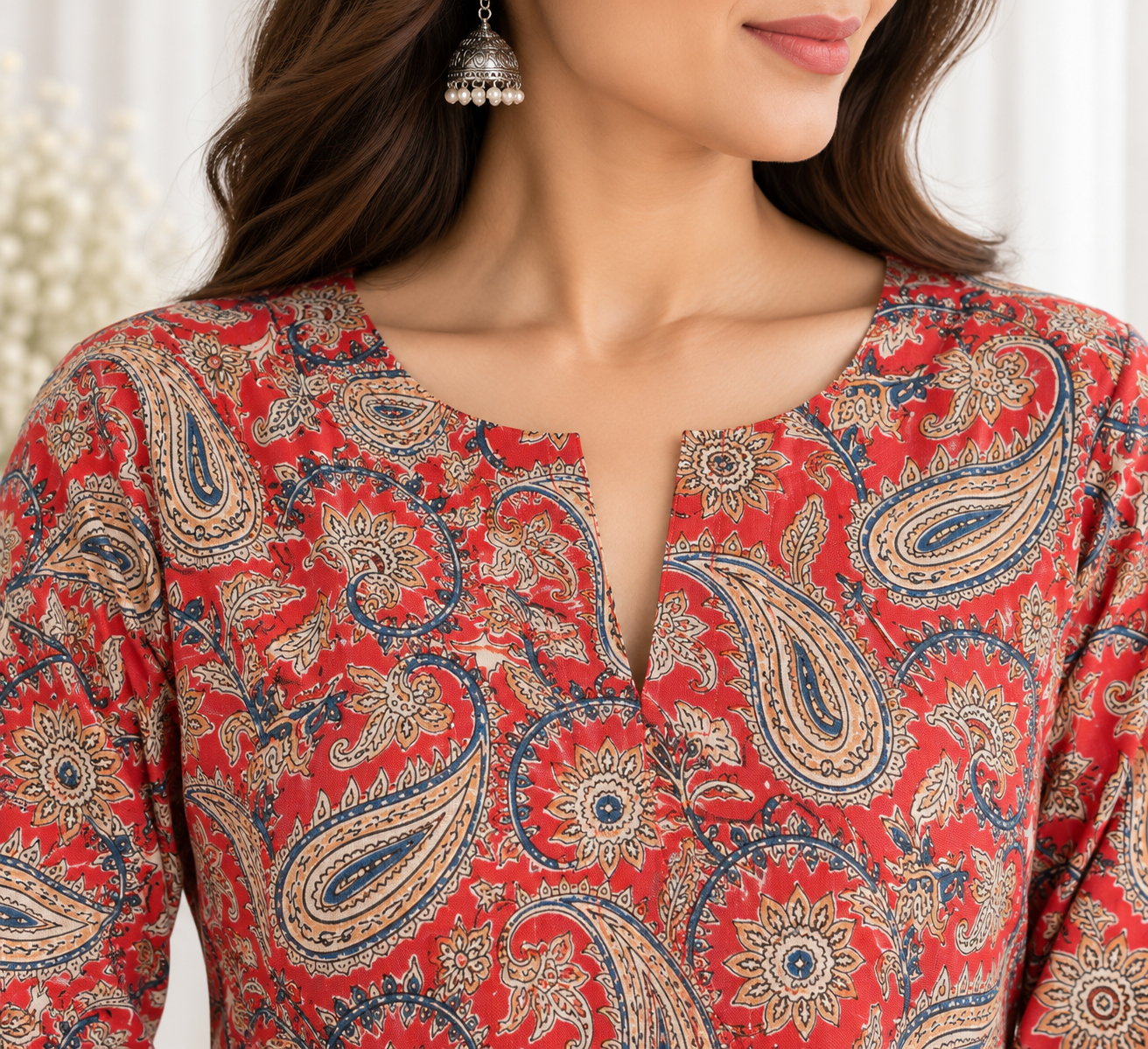 Ruby Red Paisley HandBlock Printed A-Line Cotton Kurta