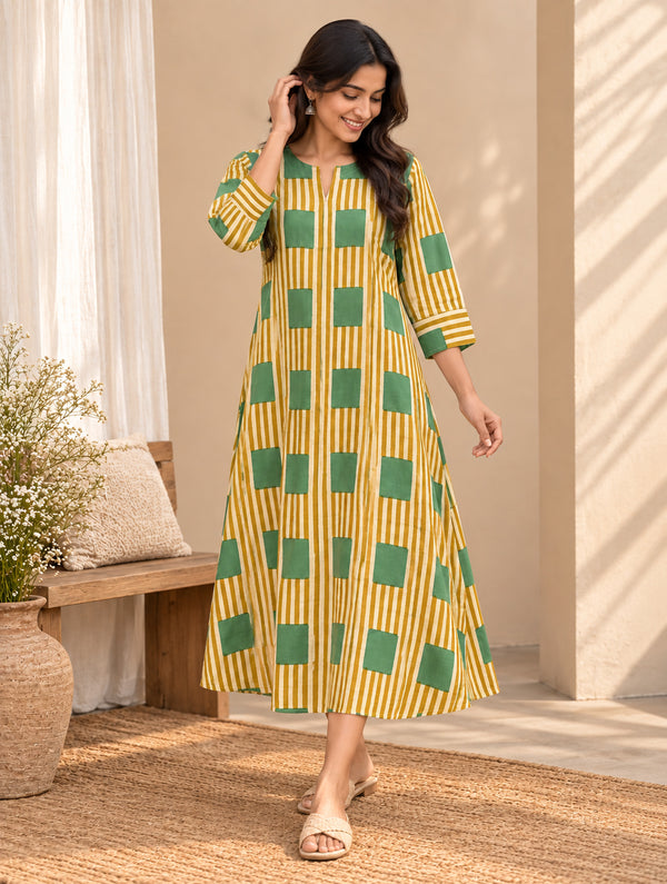 Dhoop Hari - Yellow & Green HandBlock Printed Cotton A-Line Kurta