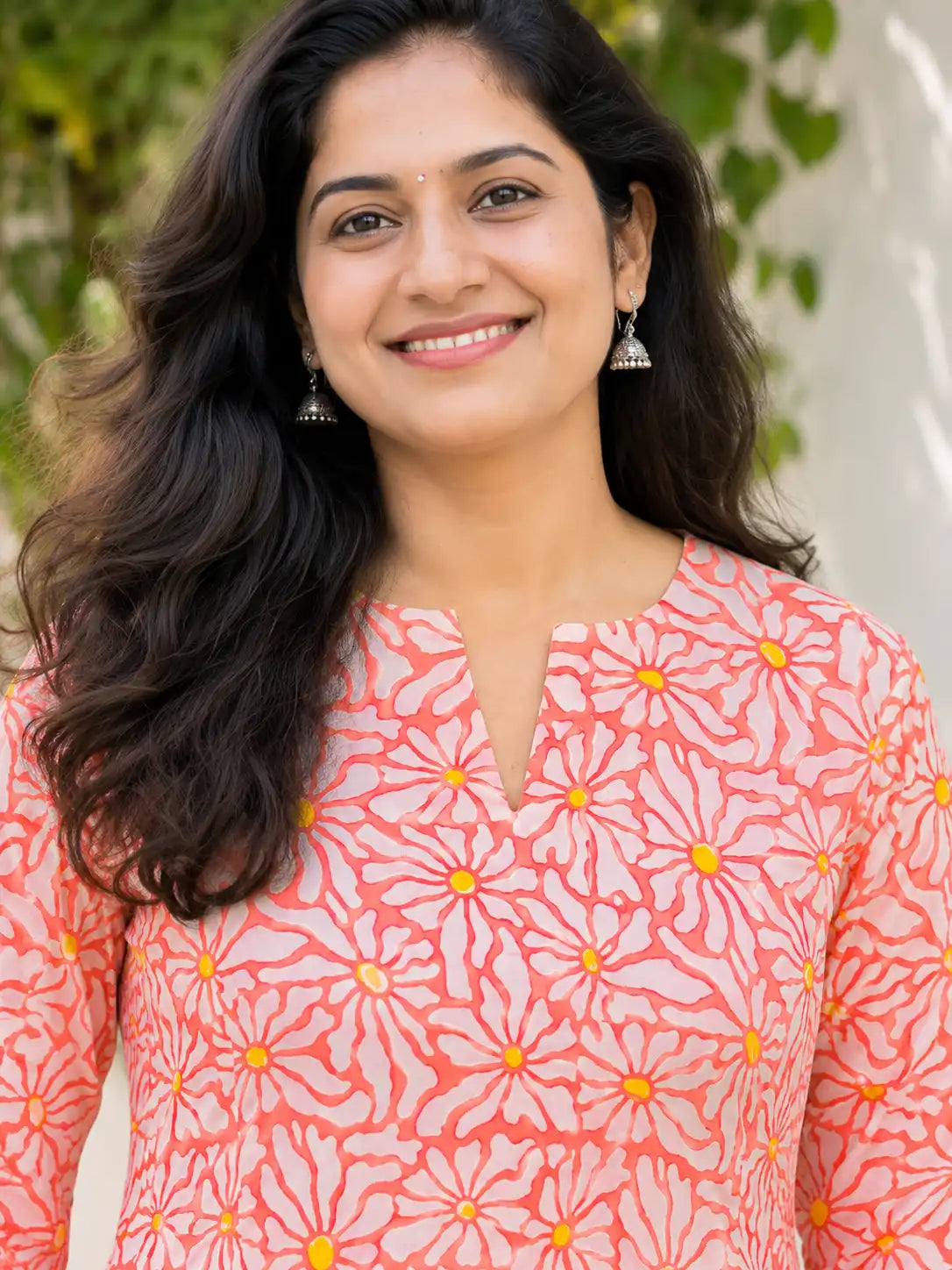 Coral Daisy Handblock Printed Cotton A-line Kurta With Lining