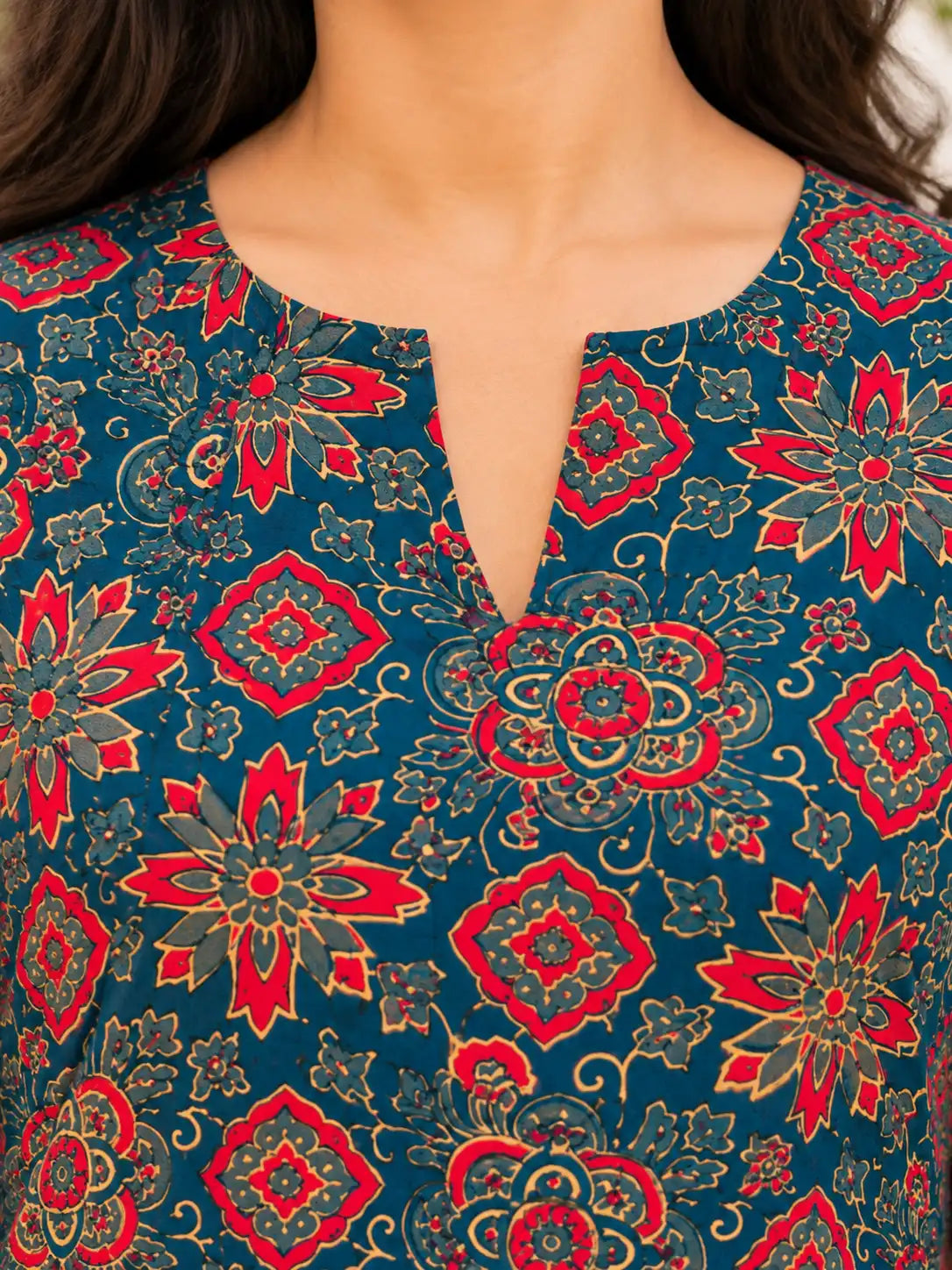 Rang Teal Ajrakh Handblock Printed Cotton A-line Kurta
