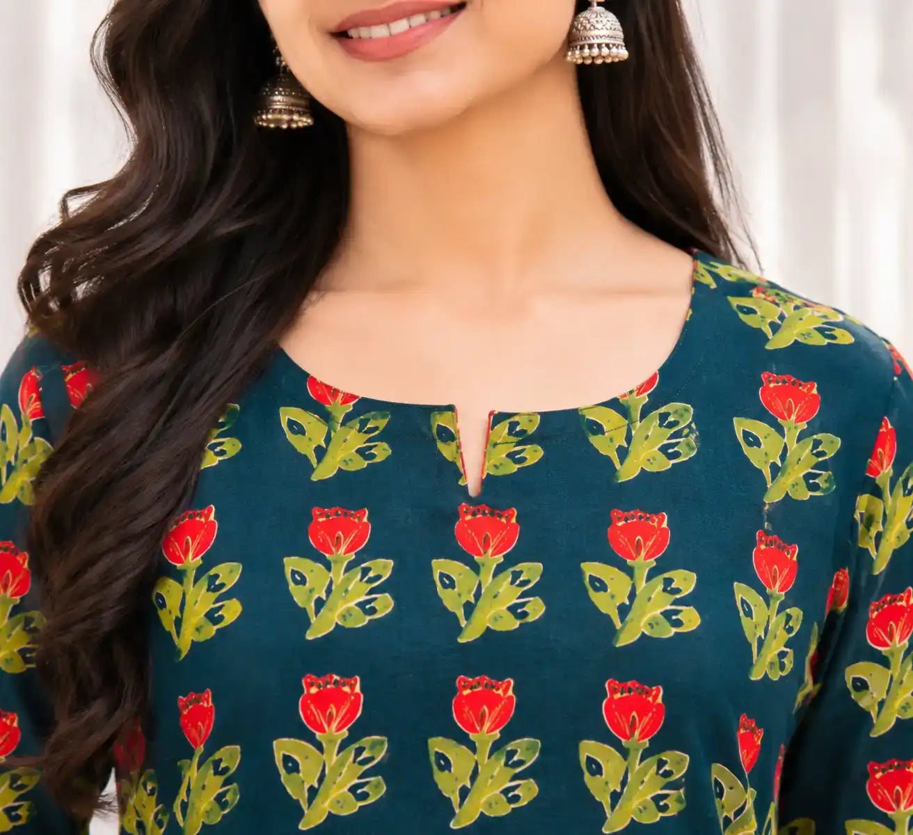 Teal Red Tulip Jahota Handblock Printed Cotton A-line Kurta