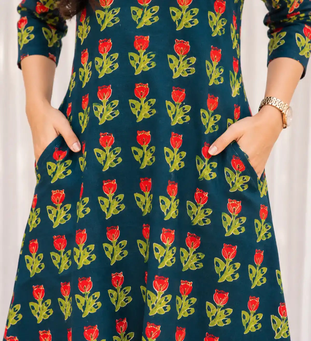 Teal Red Tulip Jahota Handblock Printed Cotton A-line Kurta