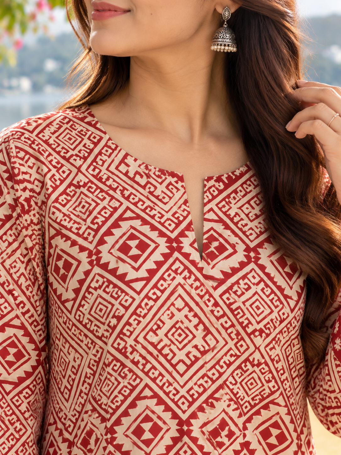 Red Geometric Jaal HandBlock Printed A-Line Cotton Kurta