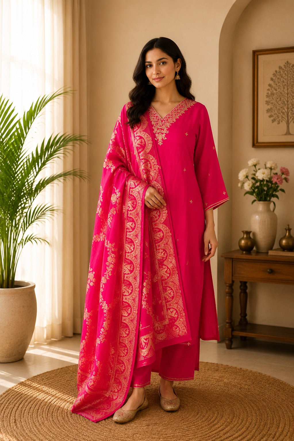 Magenta Dola Silk Hand Zardosi Suit Set - 3 Piece