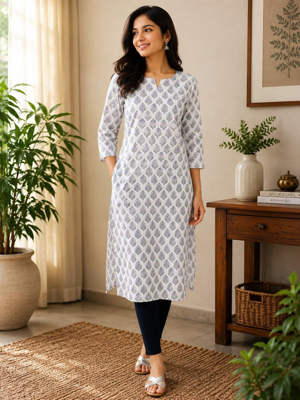 White Sanganeri Straight Cut Kurta With Lining