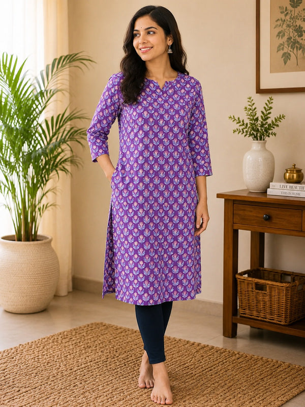 Lavender Sanganeri Straight Cut Kurta