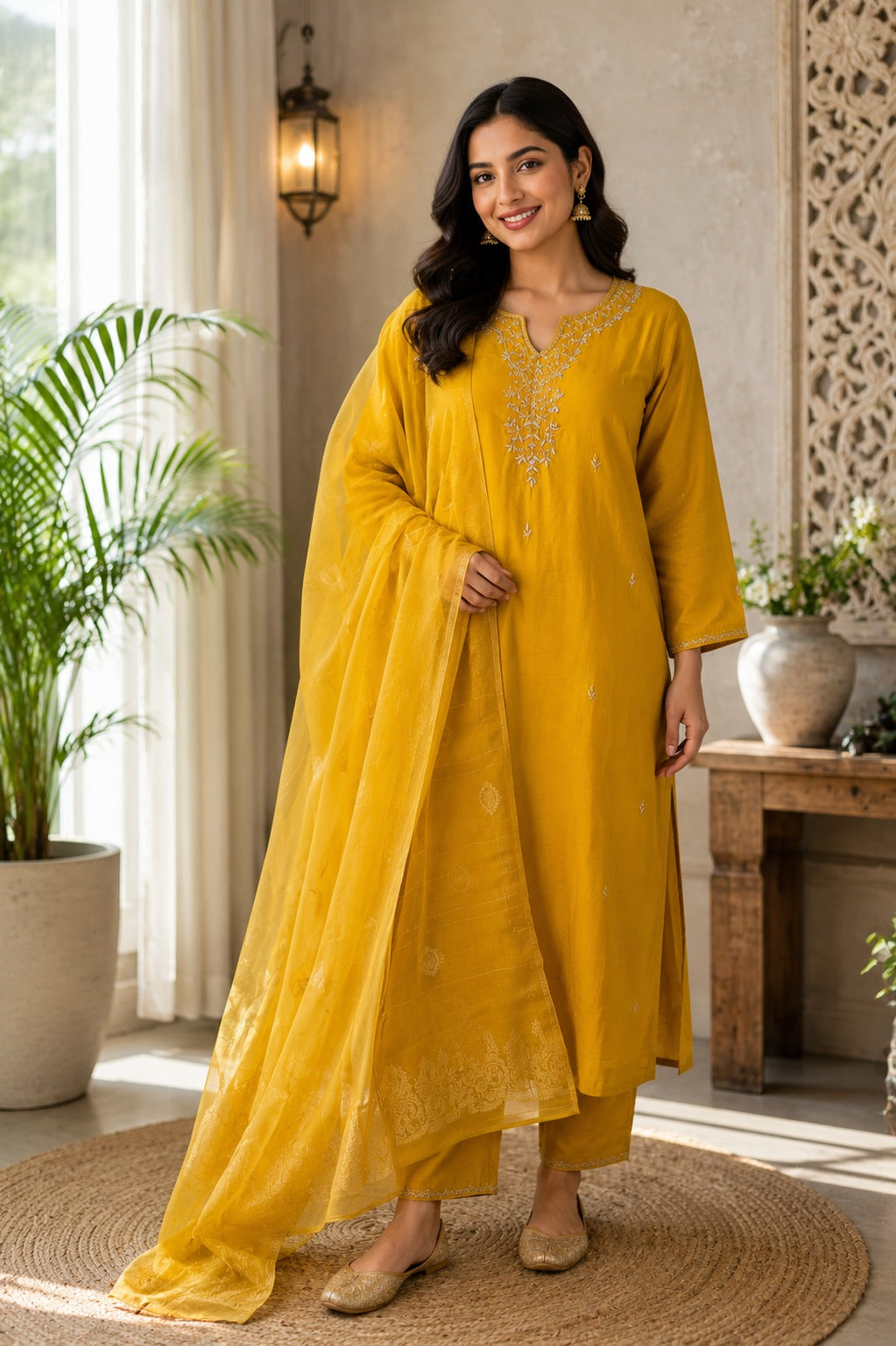Mustard Yellow Dola Hand Zardosi Kurta Set - 3 Piece