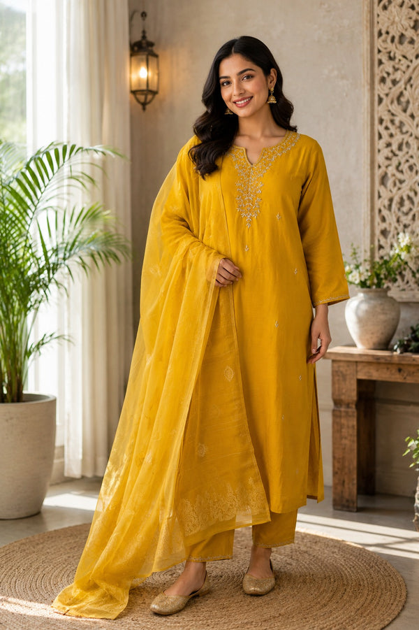 Mustard Yellow Dola Hand Zardosi Kurta Set - 3 Piece