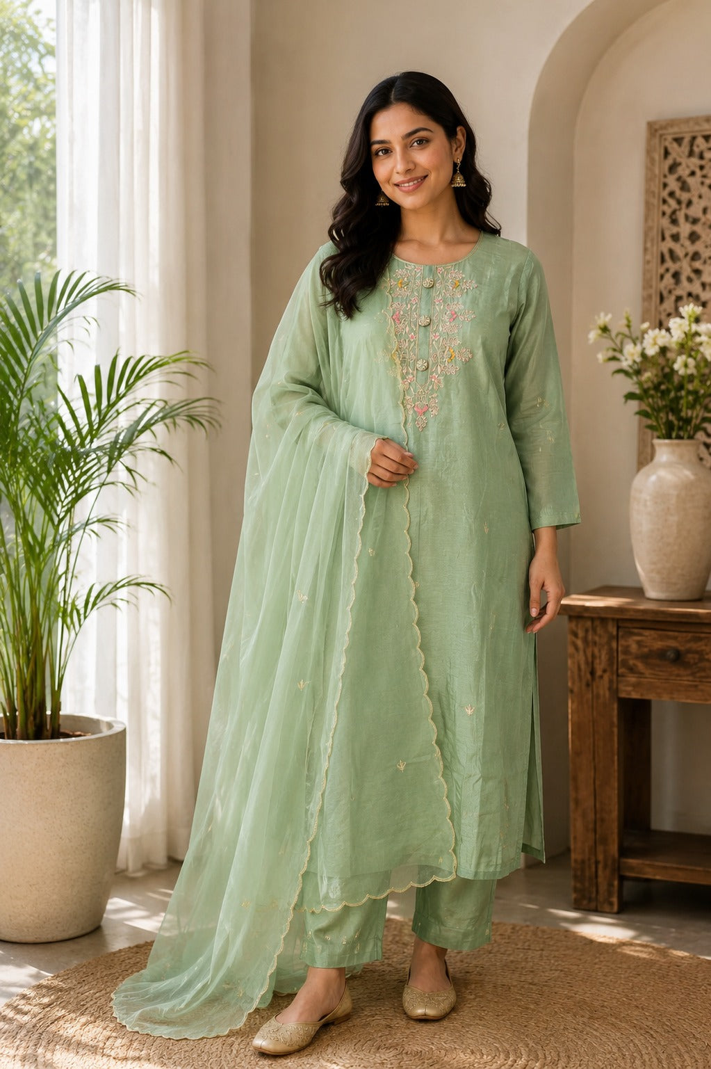 Sea Green Dola Silk Hand Zardosi Suit Set - 3 Piece