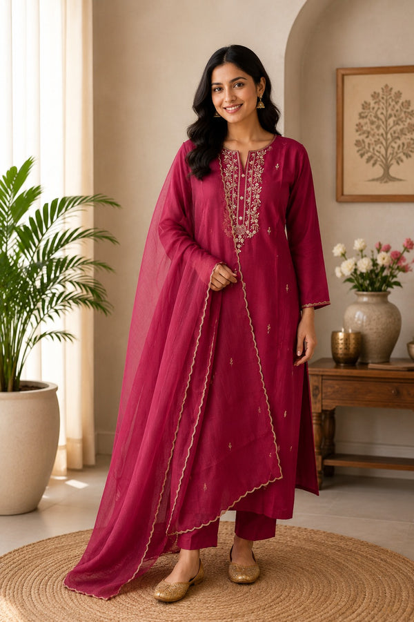 Maroon Dola Silk Hand Zardosi Suit Set - 3 Piece