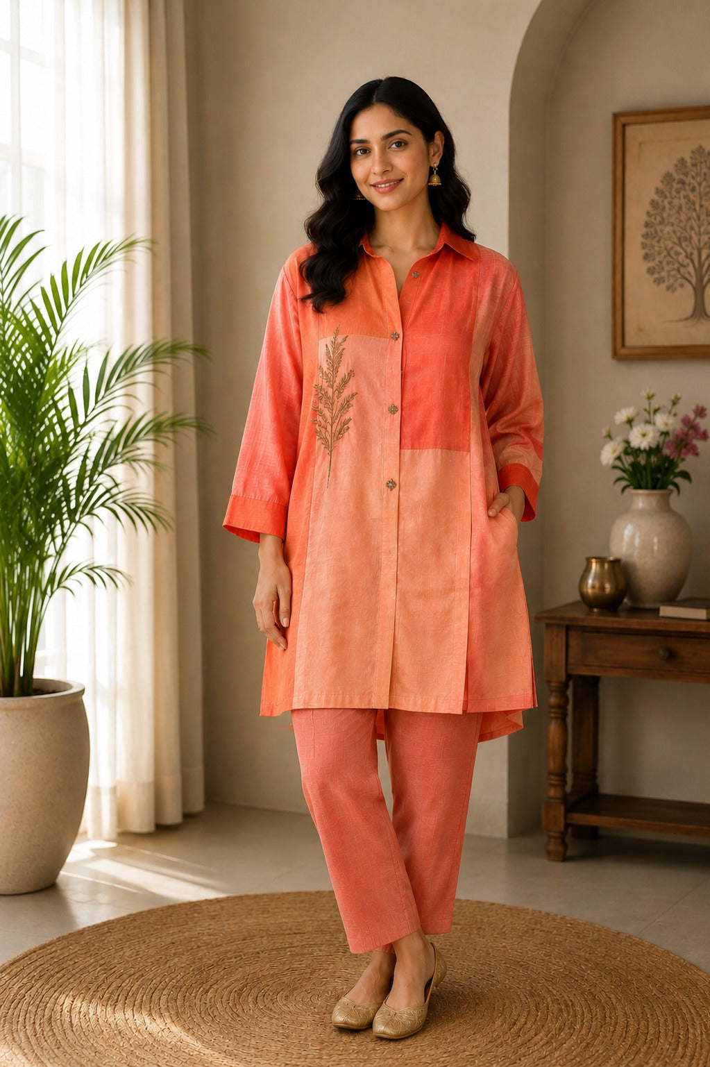Peach & Orange Raw Silk Co-ord Set