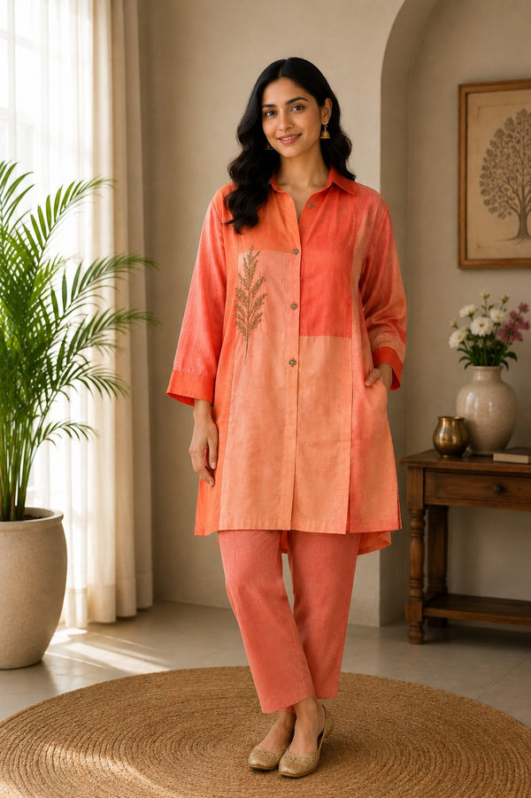 Peach & Orange Raw Silk Co-ord Set