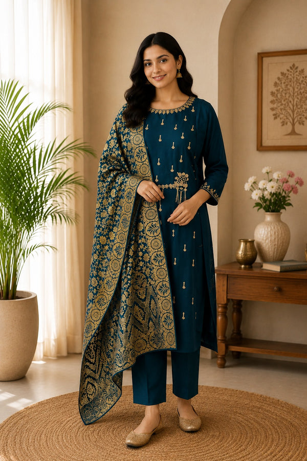 Peacock Blue Dola Silk Hand zardosi All Over Suit - 3 Piece
