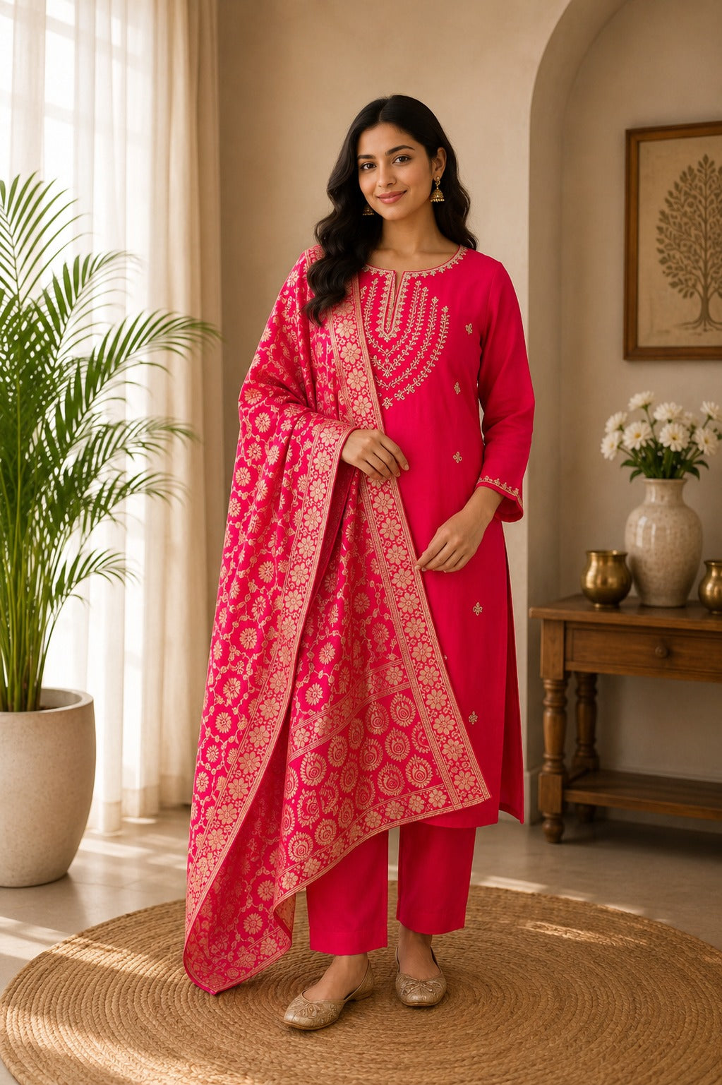 Magenta Dola Silk Hand Zardosi Suit Set - 3 Piece