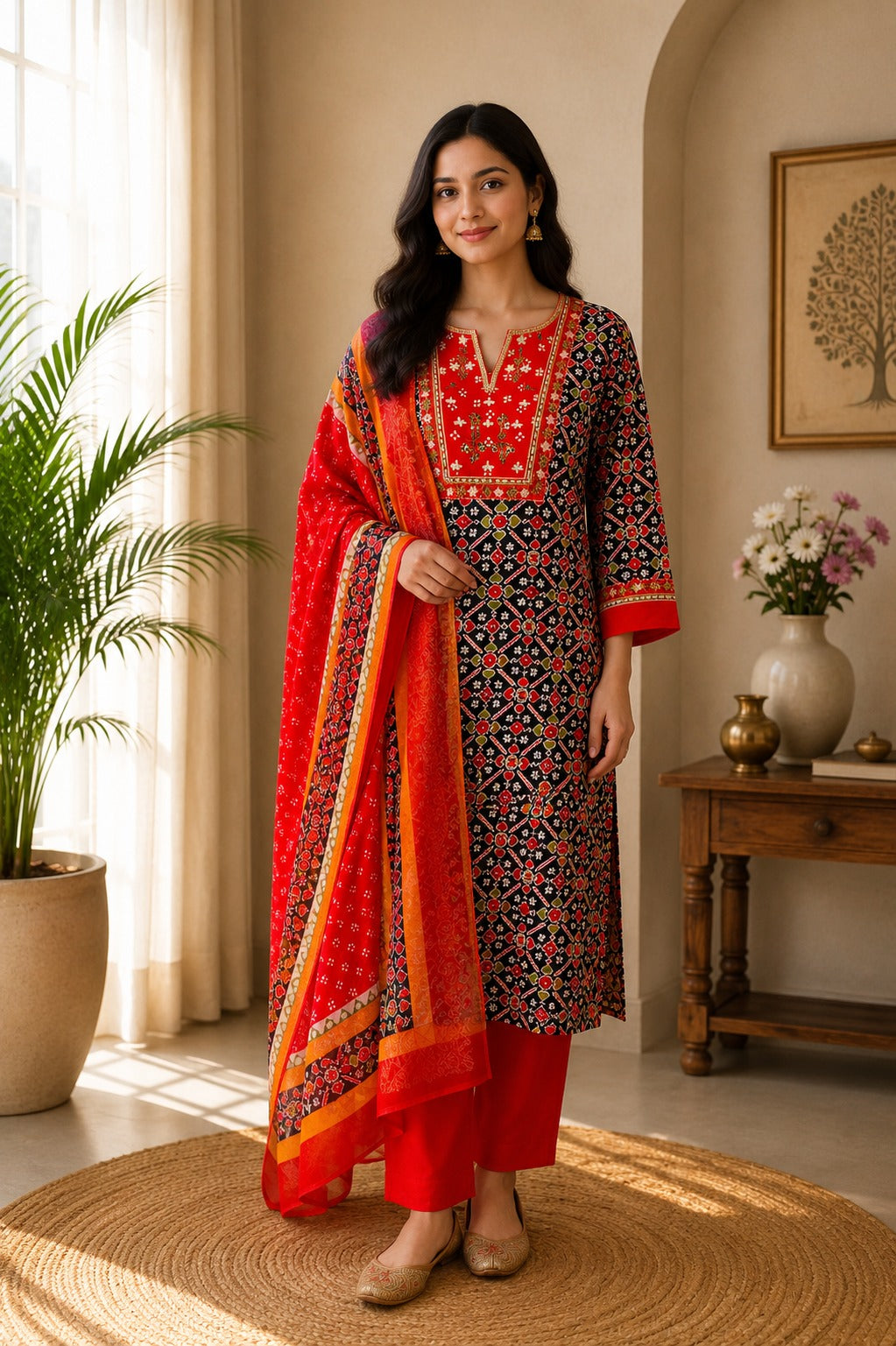 Ikat Black & Red Rayon Cotton Thread Work suit - 3 Piece
