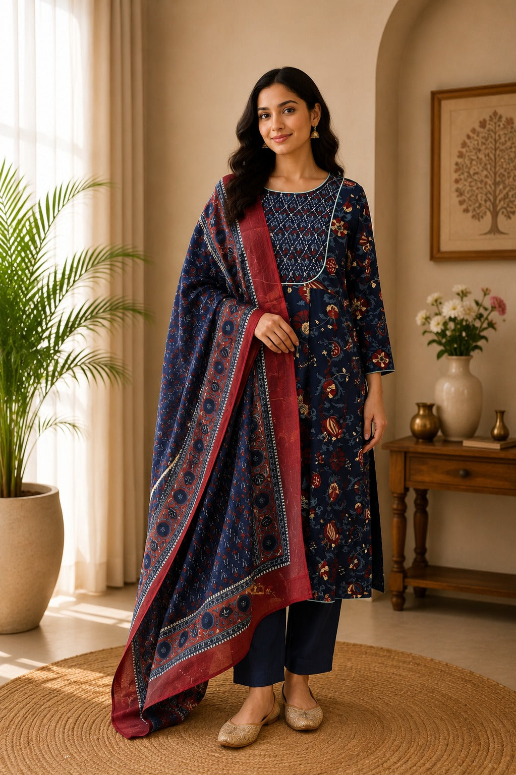 Dark Blue Cotton Printed stitched Anarkali Suit– 3 Piece
