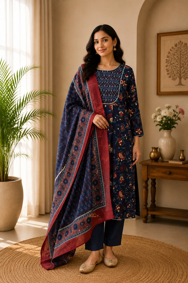 Dark Blue Cotton Printed stitched Anarkali Suit– 3 Piece