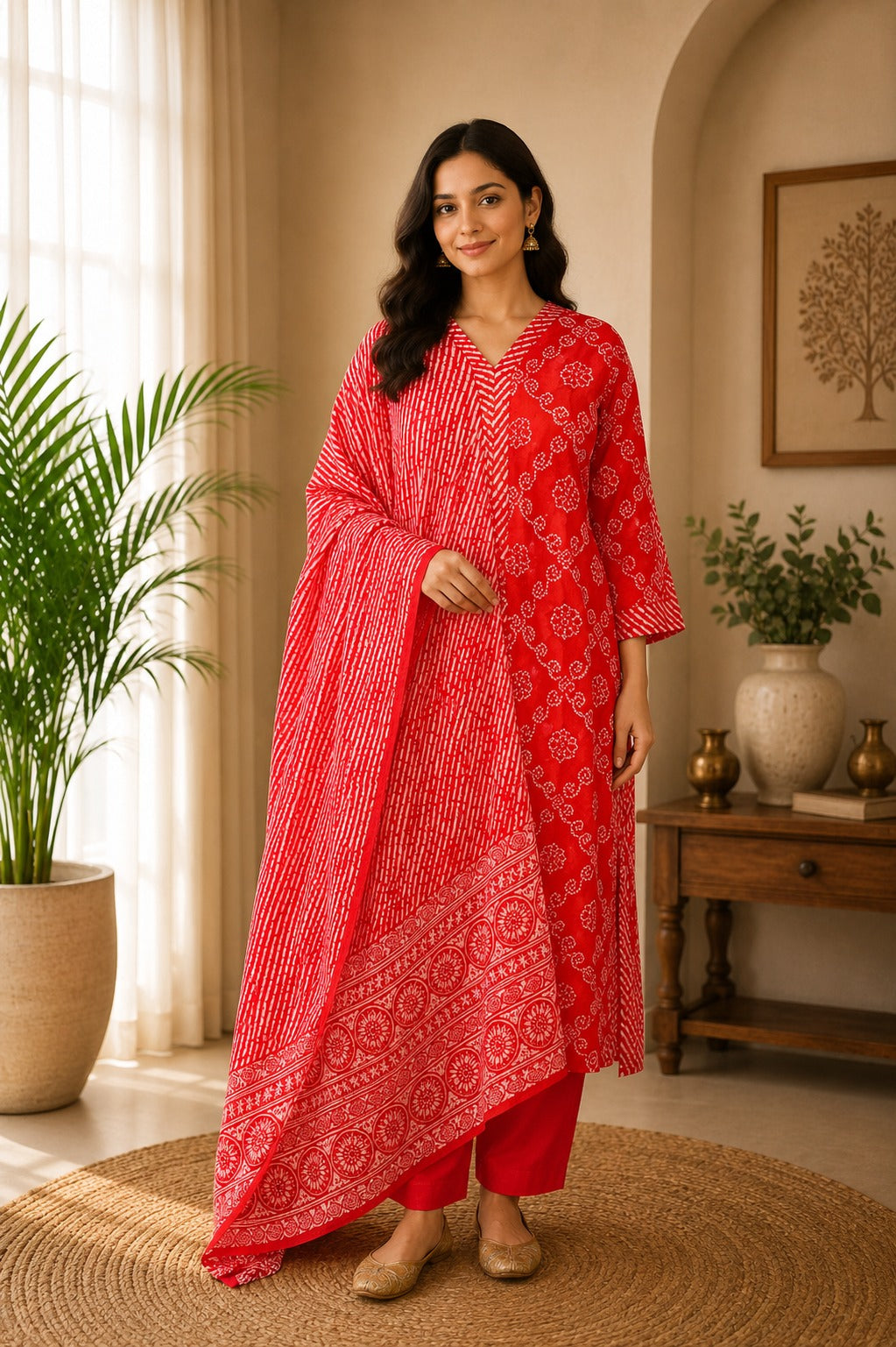 Cherry Red Cotton Bandhani suit set - 3 Piece