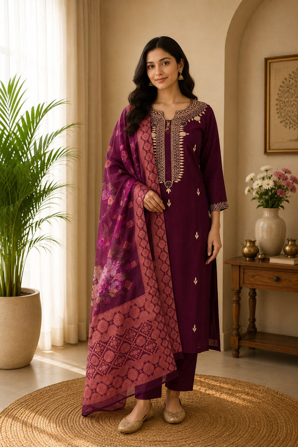 Maroon Dola Hand Zardosi Suit Set - 3 Piece