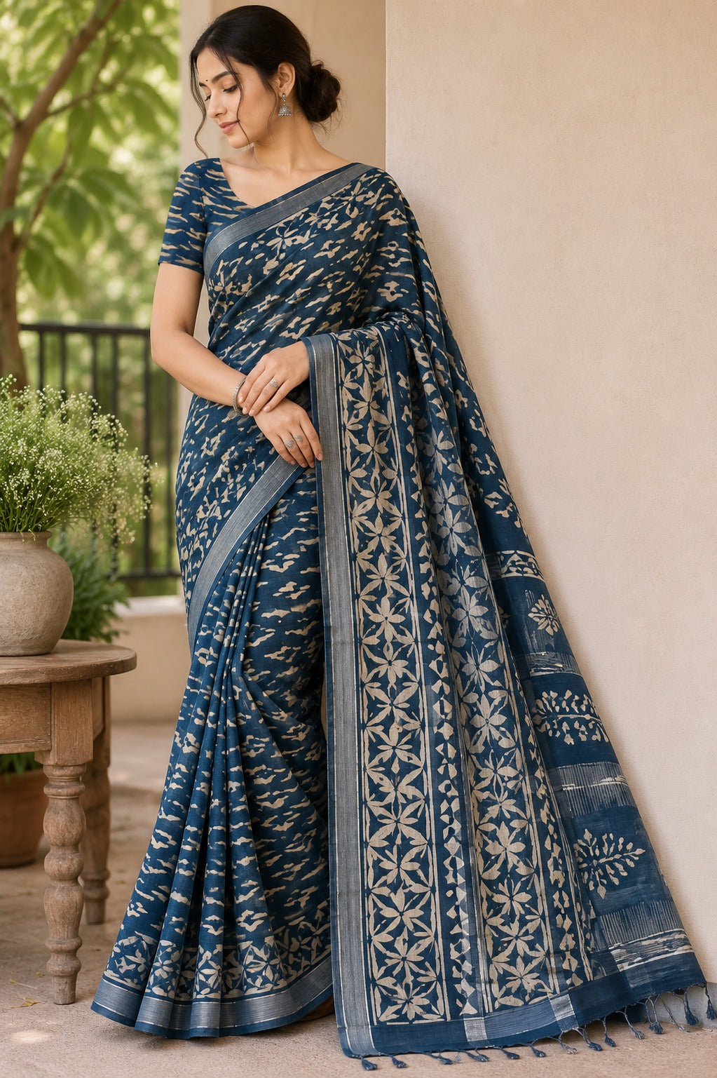 Indigo Green Block Printed Linen silver zari Saree