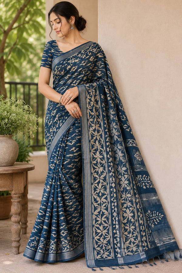 Indigo Green Block Printed Linen silver zari Saree