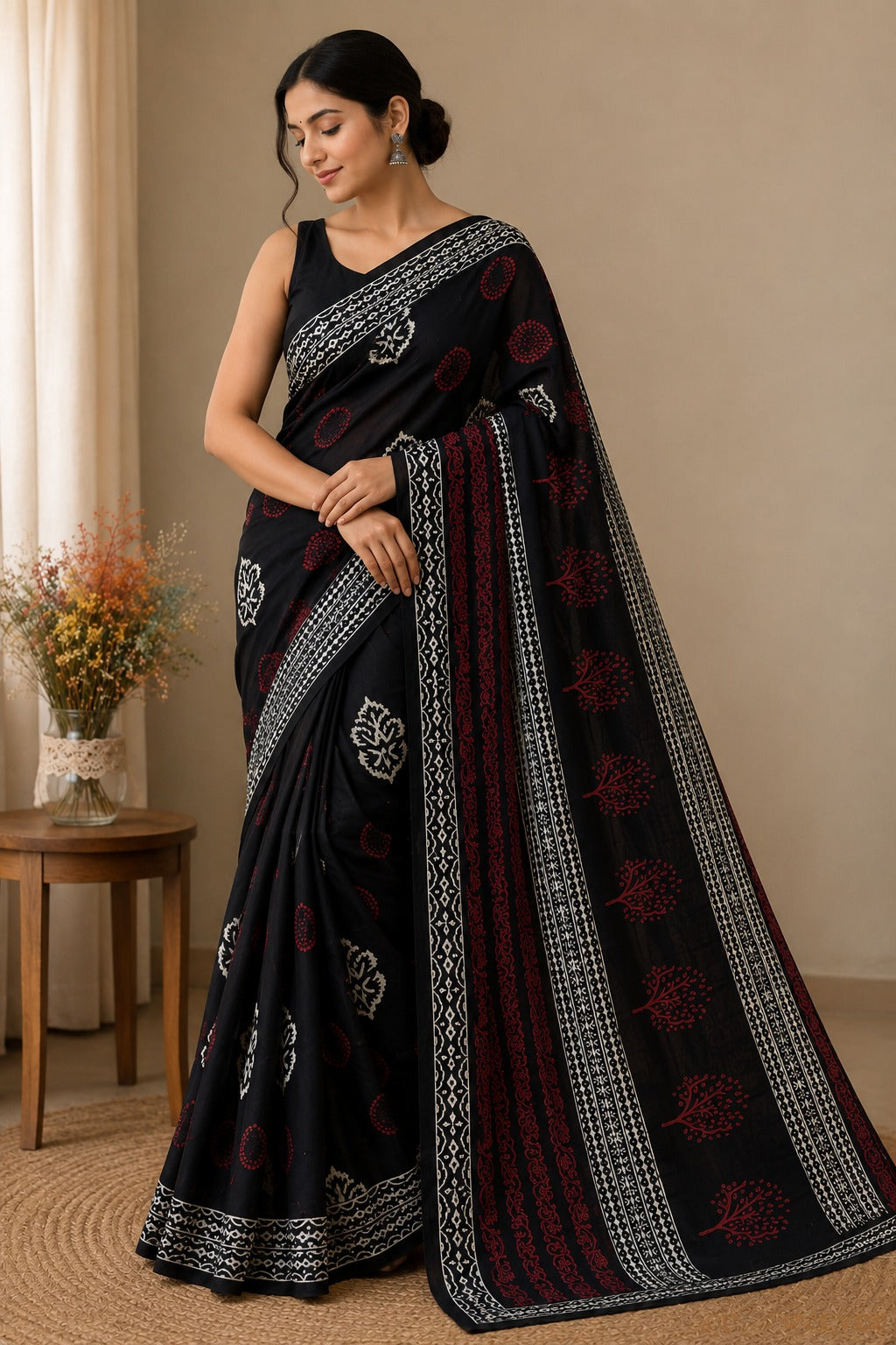 Black Dabu Block Printed Mulmul Cotton Saree