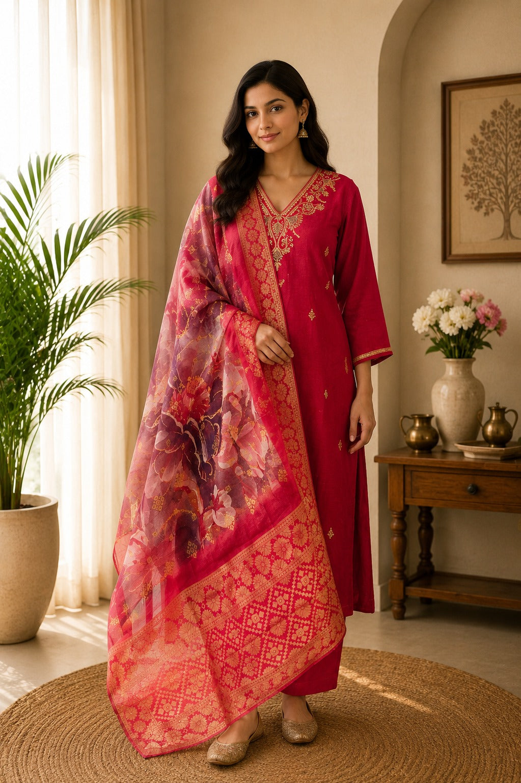 Dusky Red Dola Silk Hand Zardosi suit set - 3 Piece