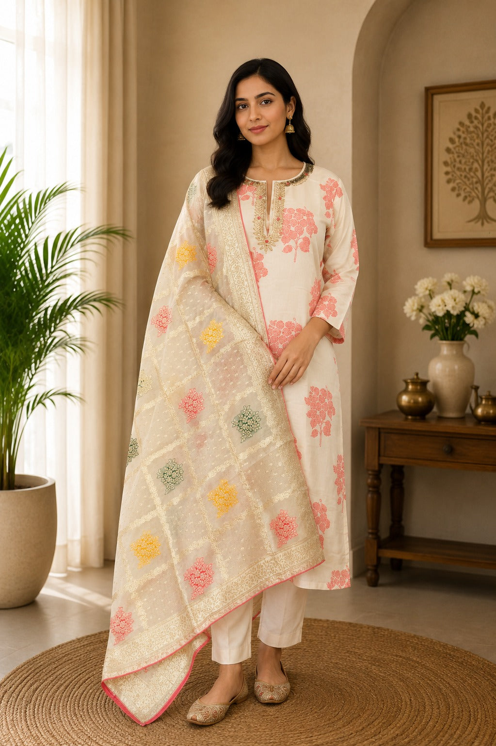 Creamy Shade & Red Shimmer Dola Silk Hand Zardosi Suit - 3 Piece